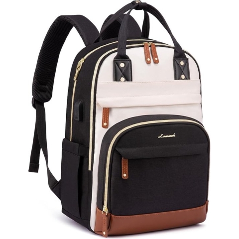 Rugzak voor dames, laptoprugzak, 15,6 inch, schoolrugzak, meisjes, tieners, waterdicht, schooltas, jongens, anti-diefstal, rugzak met laptopvak, voor school, reizen, zakelijk, leraar - Zwart/Beige