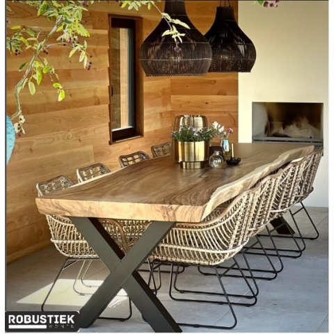 Suar Boomstam Tuintafel 180 x 90 - Stalen X Poten + Eettafel Boomstam- Buitentafel -6-8 Massief Hout