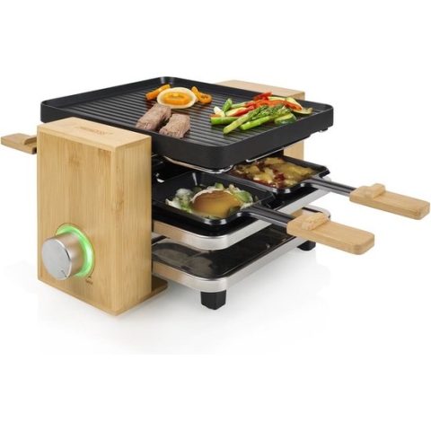 Princess Gourmetstel 162950 - Raclette Pure 4 personen - Grill & Bakplaat - Inclusief 4 pannetjes - Regelbare thermostaat - XXL snoer 2 meter - Anti-aanbaklaag - Bamboe