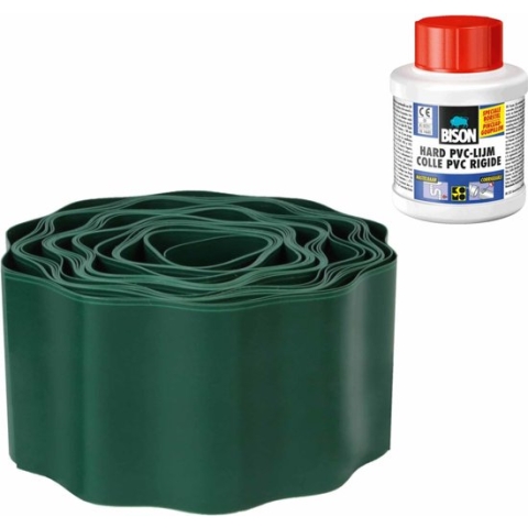 2x stuks Kunststof grasranden / borderranden groen 9 m x 9 cm inclusief Bison PVC lijm