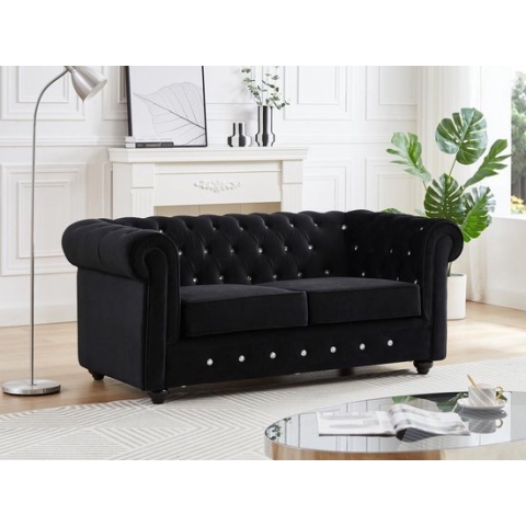 Tweezitsbank van zwart velours en knopen met kristaleffect CHESTERFIELD L 168 cm x H 72 cm x D 88 cm