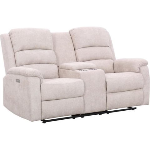 Elektrische relax-tweezitsbank van beige stof met plankje NEVERS L 171 cm x H 103 cm x D 95 cm