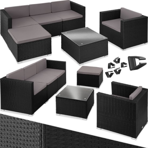 tectake® - Wicker loungeset Lignano met fauteuil - zwart