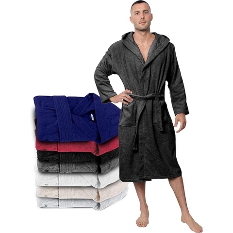 Badjas Heren: M – 100% katoen (350g/m²) Oeko-Tex® gecertificeerd – Badjas met capuchon, 2 zakken, riem
