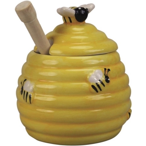 Gele honingpot met honinglepel/stokje 11 cm - Keukengerei/tafelgerei - Thee drinken - Honing potten met 3D bijenmotief