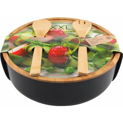 Saladeschaal XL Met Bestek - Zwart - Groot (30 cm) - Saladekom - Keukengerei - Salade