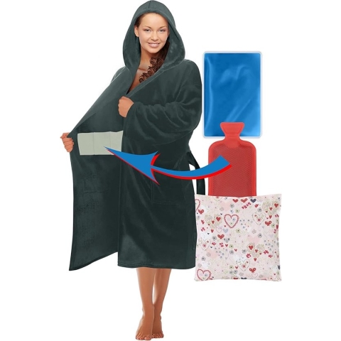 Knuffelfleece therapie badjas met capuchon en binnenzakken