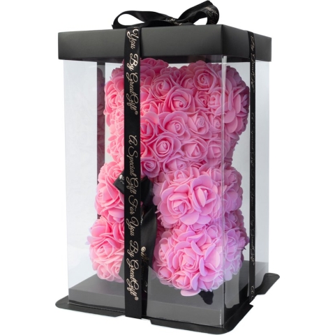 GreatGift® - Roze Rozen Beer 25 cm + 75 rozenblaadjes - in Luxe verpakking -Rose Bear - Teddy Beer - Roze - Romantisch Cadeau - Valentijn - Cadeau voor haar