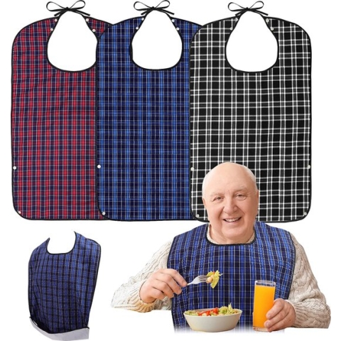 Slabbetjes, set van 3 waterdichte slabbetjes voor volwassenen met drukknopen en spatlappen, wasbare kledingbeschermer volwassenen voor mannen vrouwen ouderen gehandicapten - zwart + rood + blauw, zwart + rood + blauw