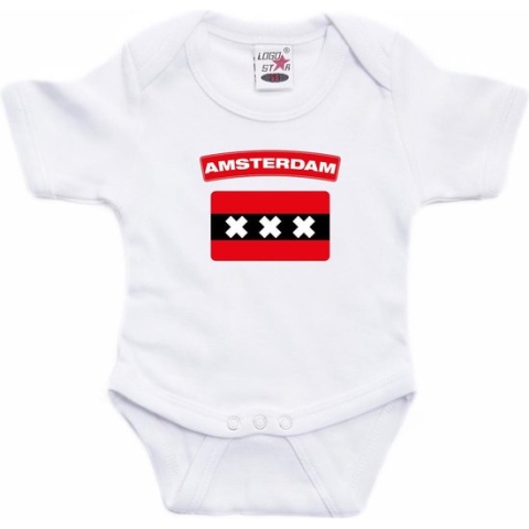 Amsterdam baby rompertje met vlag wit jongens en meisjes - Kraamcadeau - Babykleding - Amsterdam steden romper 56