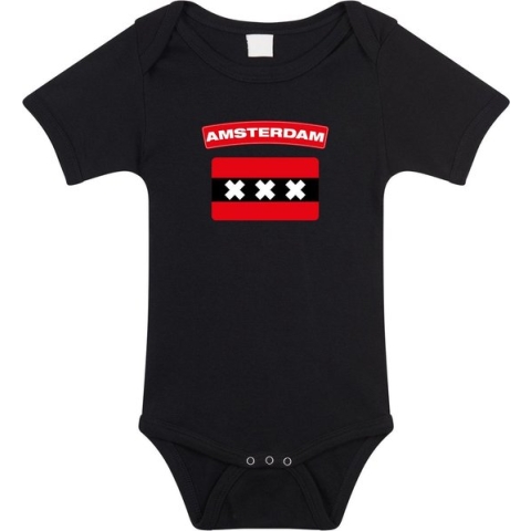 Amsterdam baby rompertje met vlag zwart jongens en meisjes - Kraamcadeau - Babykleding - Amsterdam steden romper 56