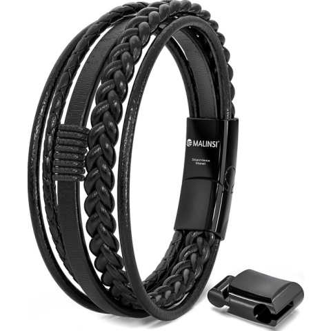 Malinsi Armband Heren - Zwart Snoeren - RVS en Leer - 20 cm + 2 cm verlengstuk - Armbandje Mannen