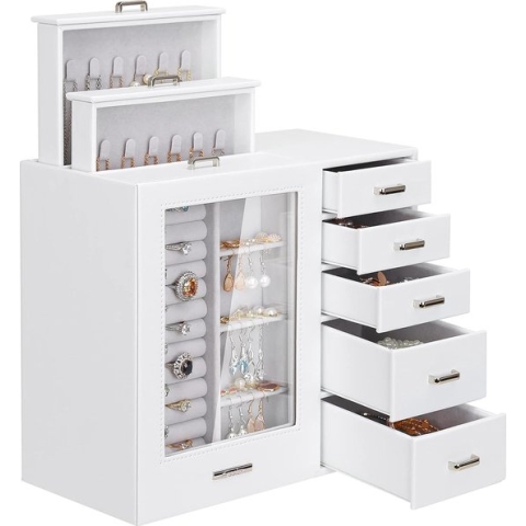 Sens Design Juwelendoos - Sieradenhouder wit met glasplaat en 8 laden