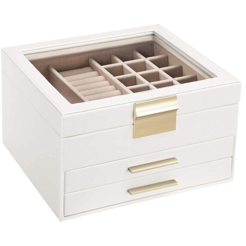 SONGMICS juwelendoos met glazen deksel, juwelendoos met 3 niveaus, juwelendoos met 2 lades, juwelenopslag, geschenk voor uw dierbaren, witte JBC239WT