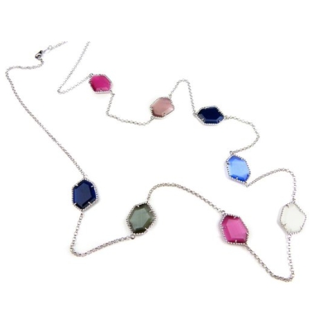 Zilveren halsketting halssnoer collier Model Hexagon gezet met multicolor stenen
