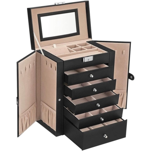 SONGMICS sieradendoos, grote sieradendoos met 6 niveaus, sieradendoos met zijklepdeurtjes, laden, spiegel en slot, voor ringen, oorbellen, horloges, cadeau-idee, zwart JBC152B01
