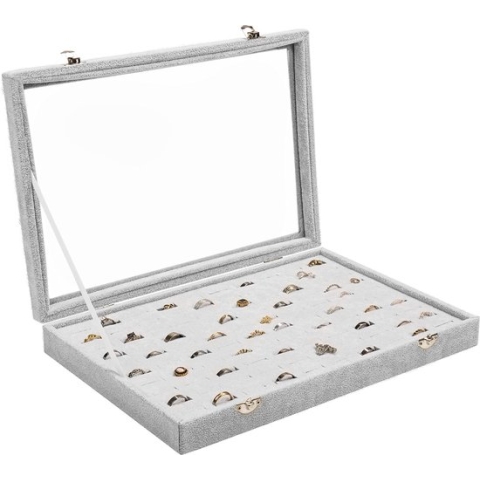 Belle Vous Grijze Fluwelen Ring Sieraden Opbergdoos Lade Met 100 Sleuven en Deksel - Vitrine Organizer Houder met Helder Transparant Glazen Deksel voor Ringen, Oorbellen en Manchetknopen