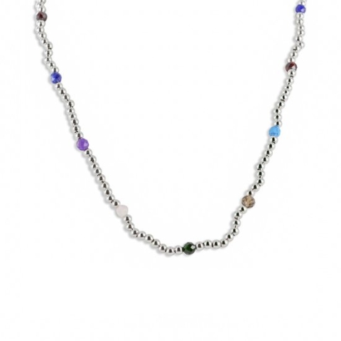 Silventi 9SIL-21168 Zilveren Ketting met Bolletjes - Multi Edelsteentjes  - 4 mm - Zilver   - 3 mm - 38 + 5 cm - Rhodium - Zilver