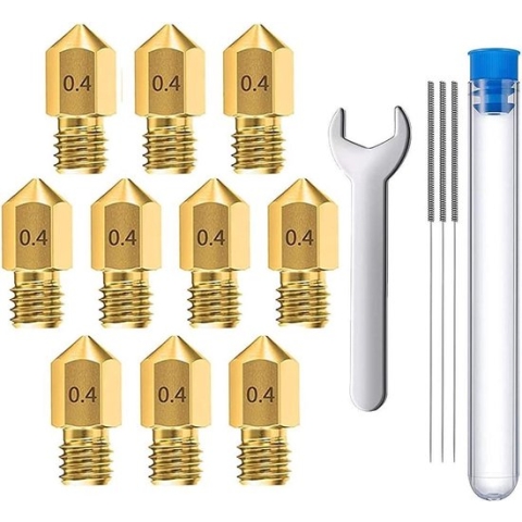 MMOBIEL 10 stuks 0.4mm Messing MK8 3D Printer Nozzles Extruder Incl. 3 reinigingsnaalden