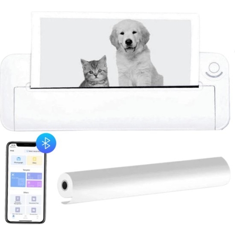 VanHalGoods - Portable Printer A4 - Mini Printer - Draadloze Printer Thermal - Pocket Printer - Kantoor - School - Draagbare Printer Compact - Wit iPhone & Samsung - Inclusief een rol thermisch papier