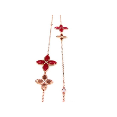 Lange zilveren collier halssnoer roos goud verguld Model Delicate Feminine gezet met rode stenen