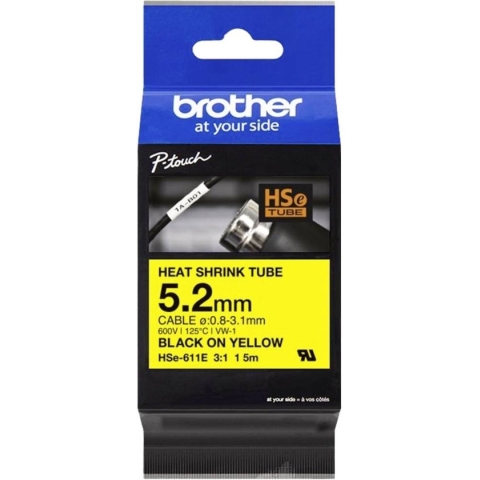 Brother HSE611E Labeltape krimpkous Tapekleur: Geel Tekstkleur: Zwart 5.2 mm 1.5 m