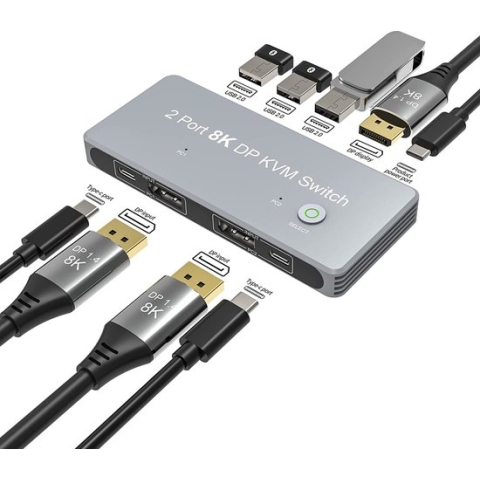NÖRDIC KVM-114 KVM Switch - 2 naar 1 - USB-C, Displayport, USB2.0 - 8K60Hz - Grijs