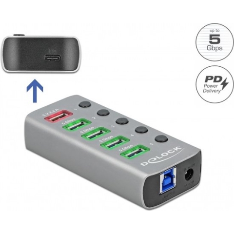 DeLOCK USB hub met 4+2 poorten en aan/uit schakelaars - USB3.0 / PD 27W - externe 12V voeding / grijs - 0,80 meter