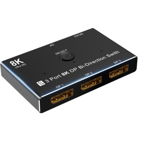 NÖRDIC DP-102 - 2 in 1 Displayport Splitter/Switch - 3 naar 1 Switch - 1 naar 3 Splitter - DP1.4 - 8K30H//4K120Hz - 32.4Gb/s - Zwart