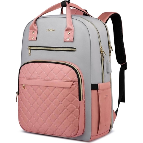 Laptoptas 15.6 inch - Grijs/roze - USB-oplaadpoort - 45 x 32 x 15 cm - Veel opbergruimte - 30 L - Rugzak voor kantoor, school, werk, reizen