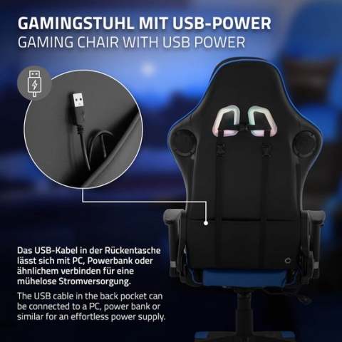 Gaming stoel met RGB-verlichting en Bluetooth-boxen Zwart/Blauw in kunstleer ML-Design