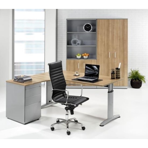 Hoogte verstelbare T-poot wingbureau Work breed 180CM diep 120CM bladkleur Ahorn framekleur Zwart (RAL9005) wingzijde Links