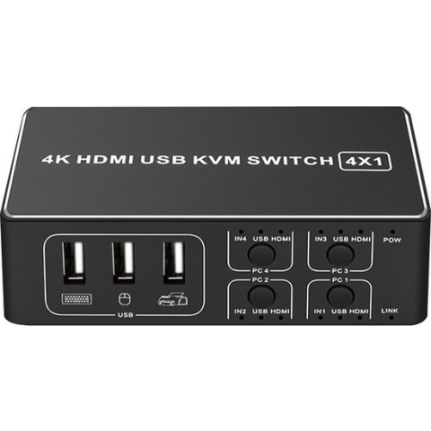 NÖRDIC KVM-100 KVM switch 4 in naar 1 uit - 4x PC naar 1x HDMI 4K60Hz - 4x USB - Zwart