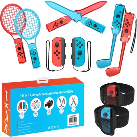 Nintendo Switch Accessoires Set 10-in-1 | High Quality - Geschikt voor JoyCon Controller | voor o.a. Switch Sports | Zwaard | Tennis Rackets | Golf clubs | Been Wraps Soccer | Wrist Wraps | Speelgoed | Cadeau | Kinderen