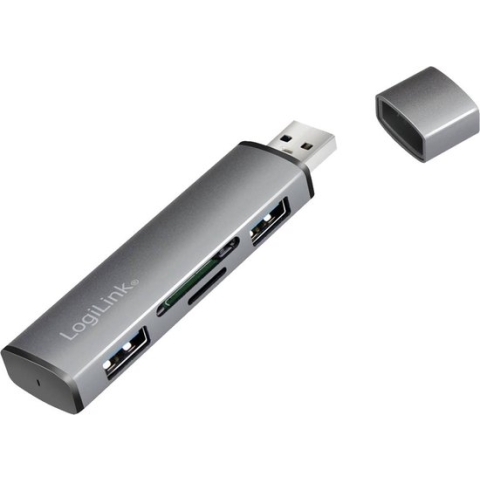 LogiLink UA0394 USB 3.2 Gen 2-hub Met aluminium behuizing, Met ingebouwde SD-kaartlezer, Met status-LEDs Spacegrijs