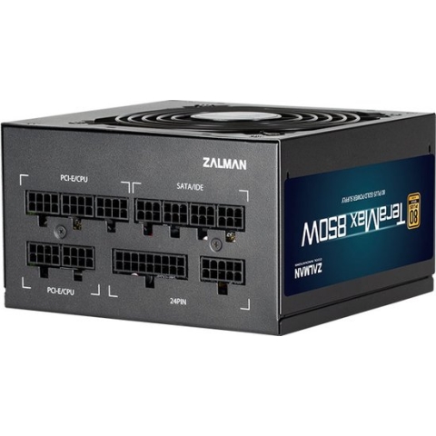 Zalman ZM850-TMX TeraMax 80 PLUS GOLD PSU 850W/ Full-modular, 99.9% Active PFC/ Single rail 12V DC-to-DC Convertor/ Japanese 105?C Capacitors/ 120mm fan(Max. 2000RPM), FDB bearing/ Multiple Protection: OVP, UVP, SCP, OPP, OCP, OTP/ 7 Year Warranty