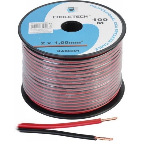 Speaker kabel luidsprekersnoer CCA rood / zwart 2x 1mm Haspel 100m