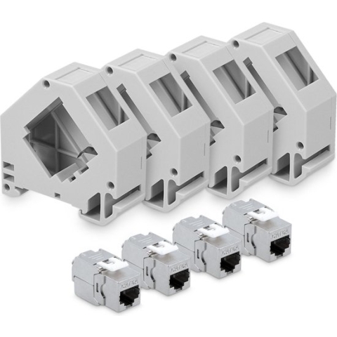 kwmobile 4 keystone adapters voor CAT6A kabels - Set van 4 keystone-modules RJ45 inclusief DIN-rail houders - Met afgeschermde metalen behuizing
