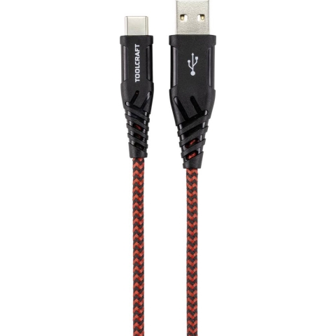 TOOLCRAFT USB-kabel USB 2.0 USB-A stekker, USB-C stekker 2.00 m Zwart/rood Extreem robuust gevlochten bescherming, Stek