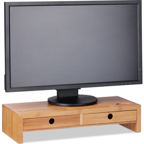 Relaxdays Monitor standaard - bamboe - monitorverhoger - beeldschermverhoger - 2 opberglad
