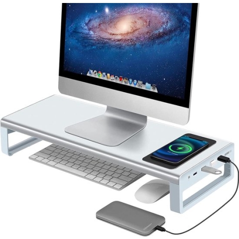 Monitor Verhoging Standaard - Laptop / iMac / PC Computer Scherm Verhoger - Bureau Beeldscherm Verhoging Stand kantoor Tafel Workstation - Met Usb poorten & wireless lader - zilver