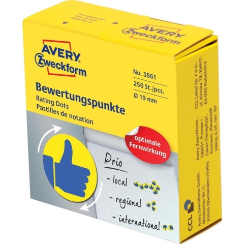 Beloningssticker Avery duim - Ø 19 - blauw/geel - 250 st.