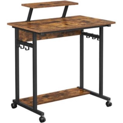 Segenn's Bureau - Computerbureau - 6 Haken - Op Wieltjes - Monitorstandaard - Industrieel - Werktafel- Bureau - Laptoptafel -Bruin - Zwart - Bewerkt Hout - Metaal - 80 x 50 x 90 cm