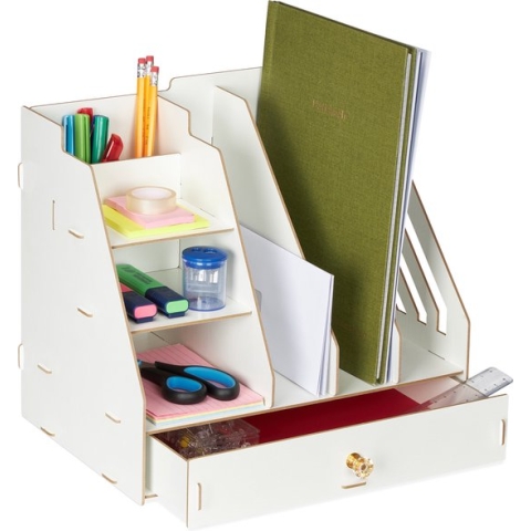 Relaxdays bureau organizer lade - tijdschriftencassette - tijdschriftenhouder - pennenbak - wit