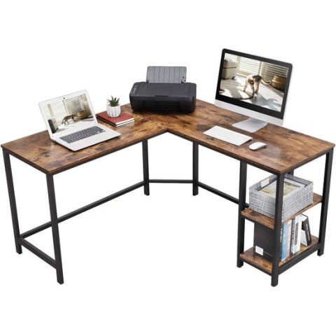 EKEO - Premium L-Vormig Hoekbureau met Legplanken - Bureau met Vintage Look - Zwart/Bruin