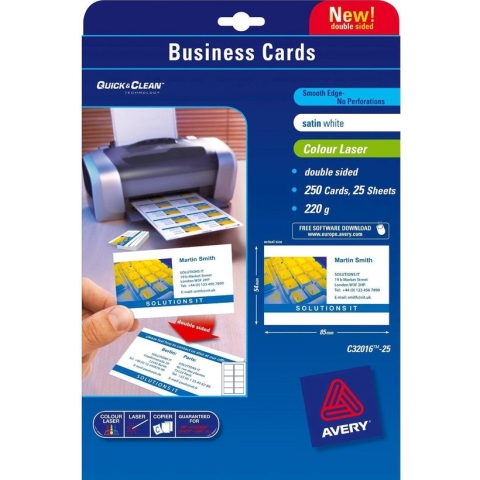 Avery Quick & Clean™ visitekaartje 85 x 54 mm, 220 g/m², dubbelzijdig, C32016, Laser (pak 250 stuks)