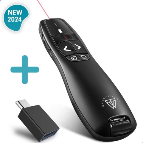 Draadloze Presenter - Presentatie klikker - Wireless Presenter - Powerpoint afstandsbediening - Laser Pointer - Inclusief Gratis USB-C Adapter - Draadloos - USB - Zwart