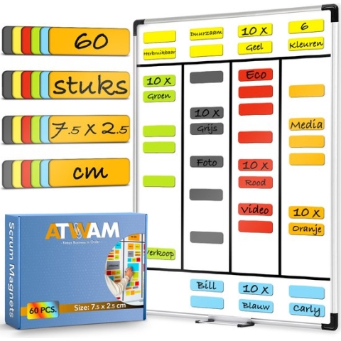 ATWAM Scrum Magneten - 60 stuks - Voor Whiteboard, Magneetbord, Memobord of Magnetisch Tekenbord – Herschrijfbare Magneten op Koelkast - Post It Notes – Kanban - 7,5 cm Breed x 2,5 cm Lang - 6 Kleuren