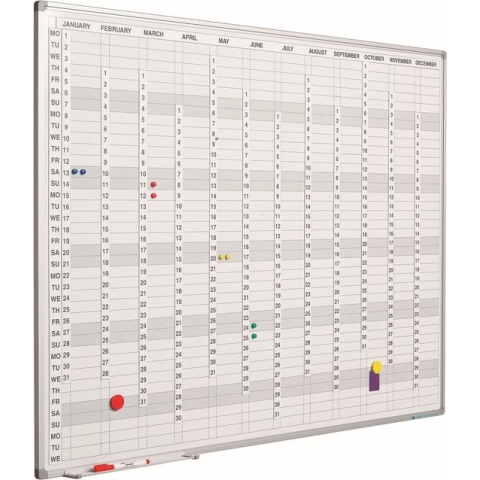 Whiteboard PRO - Geëmailleerd staal - Whiteboard Weekplanner - Maandplanner - Jaarplanner - Magnetisch - Wit - Incl. maand/dag/nummerstroken - Engels - 60x90cm
