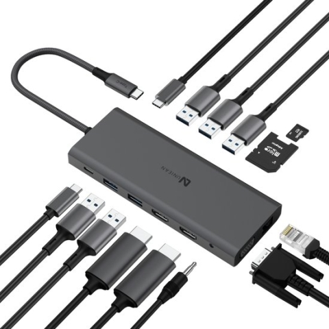 UNIEAN 14 in 1 Docking Station - USB-C HUB - Triple Monitor - voor Laptops & Computers - 2x HDMI 4K, VGA, ETHERNET RJ45, USB-C PD100W, 3x USB-A 3.0, USB-C Data, 2x USB-A 2.0 - voor Apple MacBook, HP, Asus, Lenovo, Dell, Acer, Microsoft, Samsung, MSI